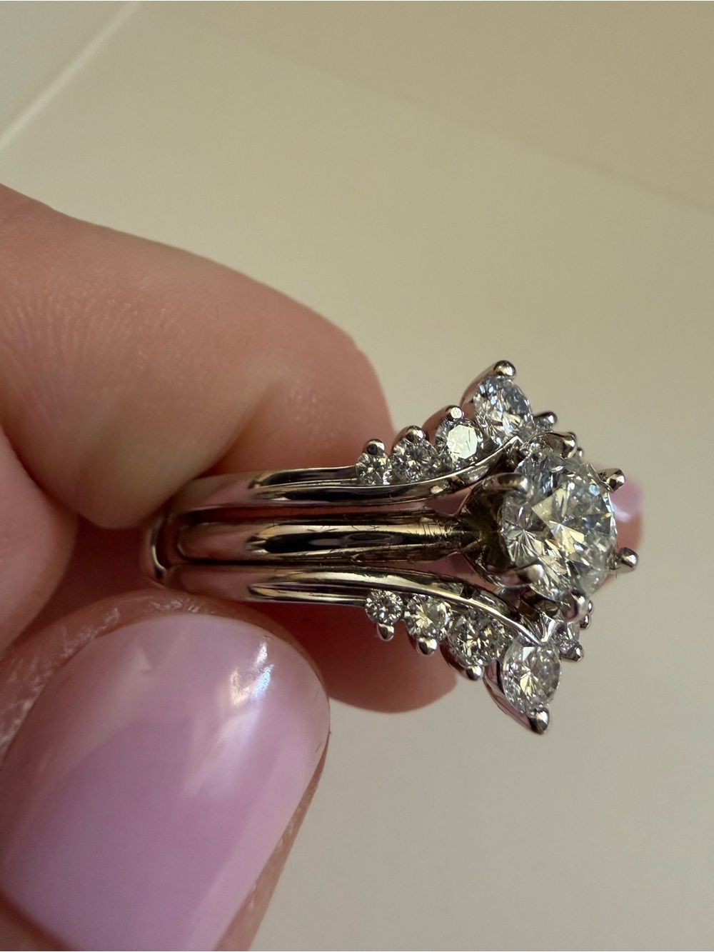 14k White Gold & Diamond Two Ring Bridal Set size 9 - Picture 8 of 15